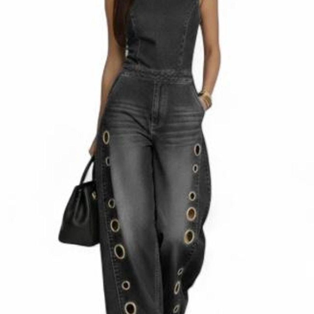 High Waisted Loose Geometric Hollow Pockets Round-Neck Jumpsuit
